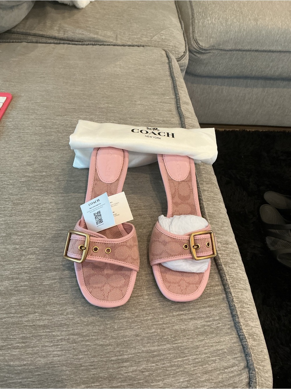 Coach Pink Signature Slide Mules with Gold Buckles